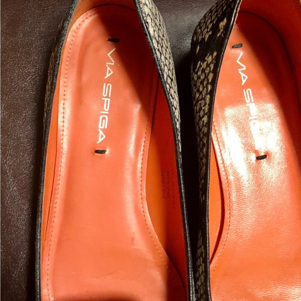 Via Spiga Women's Snake-Print Pointed Flats in Black & Cream